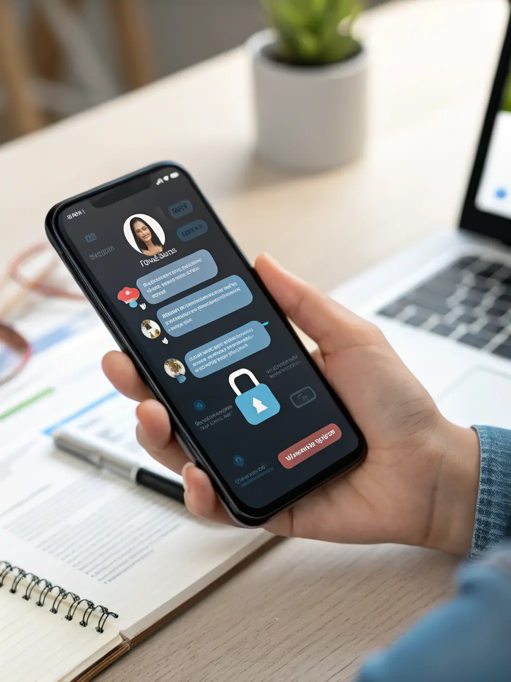 A person holding a phone with a WhatsApp chat open, seeking to recover lost or deleted messages for legal or personal reasons.