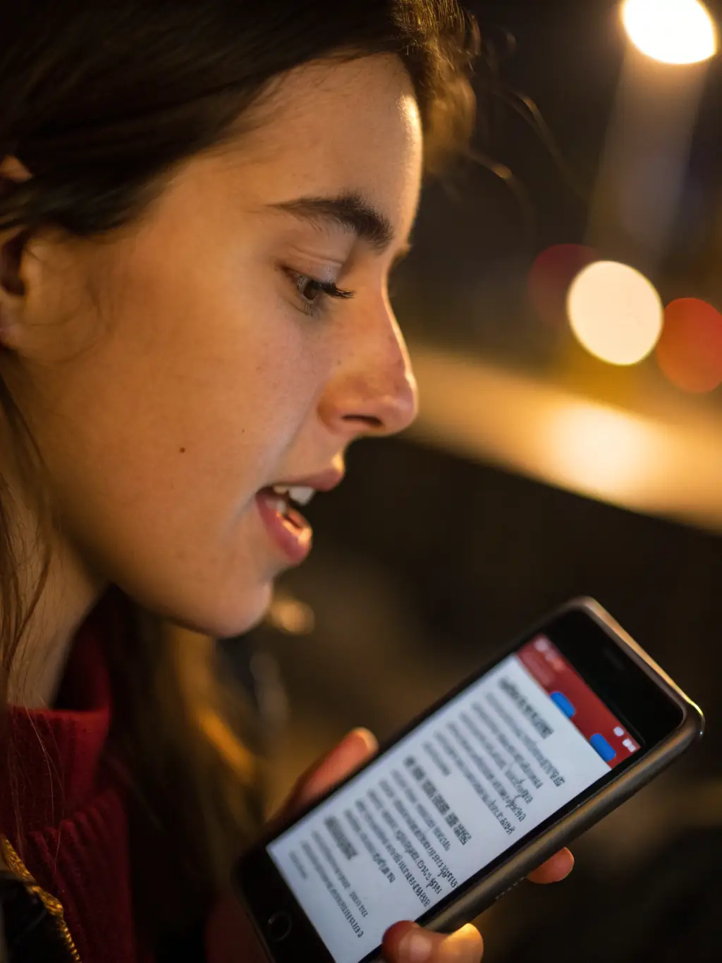 A concerned parent looking at their child's WhatsApp on a phone, worried about potential cyberbullying or inappropriate content.